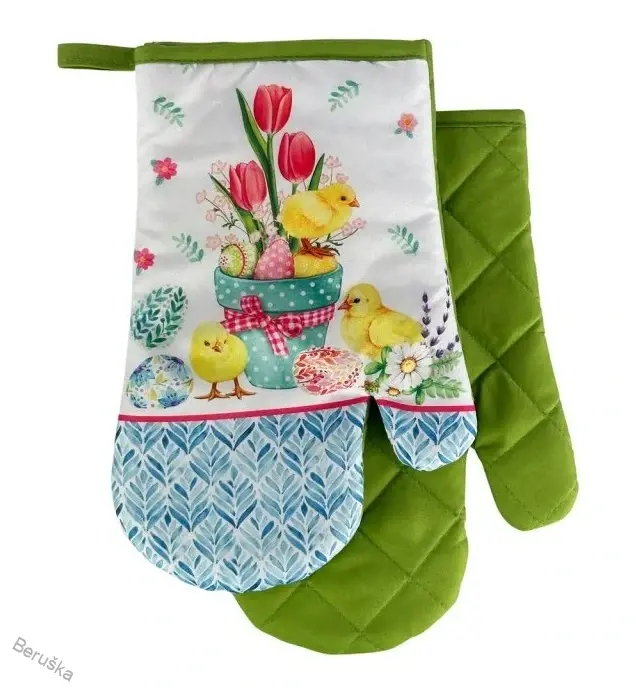 Sada 2 kuchyňských chňapek s magnetem EASTER CHICKS, bílo-zelená