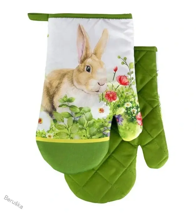 Sada 2 kuchyňských chňapek s magnetem EASTER BUNNY, bílo-zelená