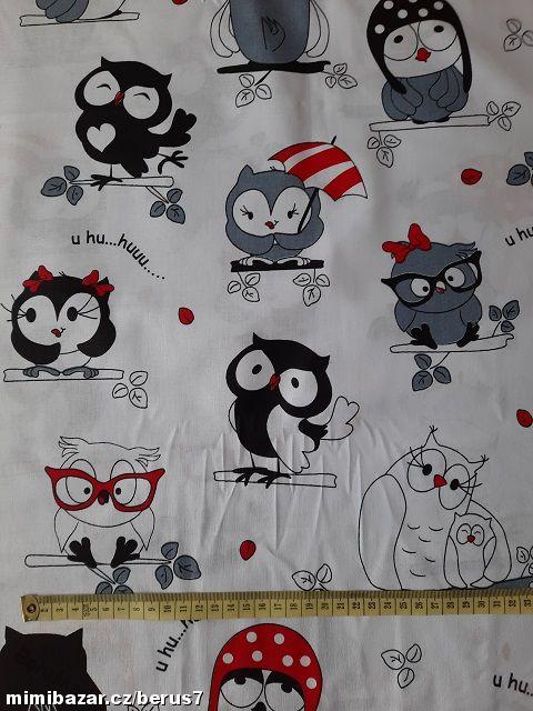 LÁTKA -LÁTKY - metráž *dětská Sovičky HUHU na bílé