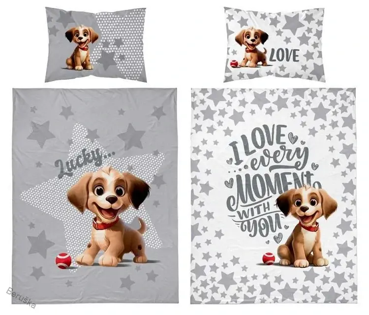 Bambusové povlečení do postýlky Veselý pejsek šedý 