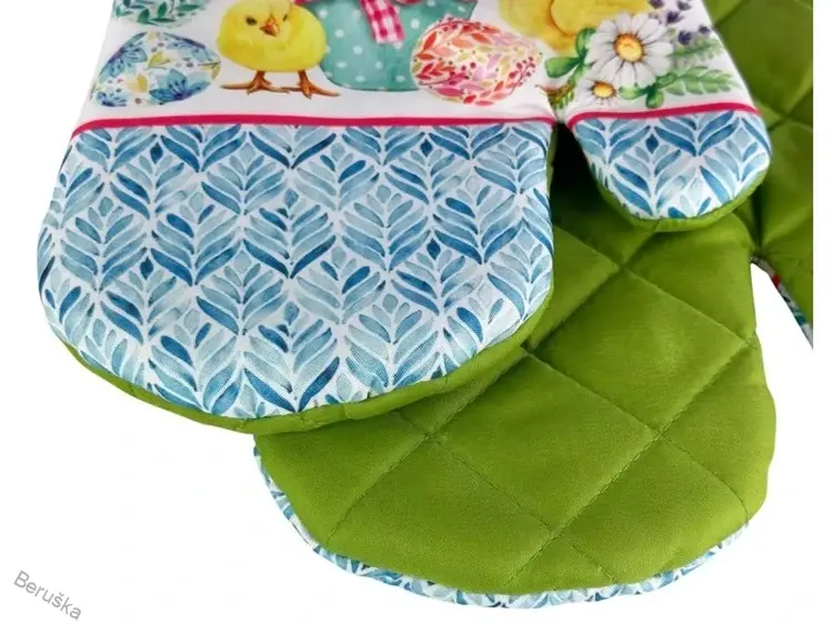 Sada 2 kuchyňských chňapek s magnetem EASTER CHICKS, bílo-zelená
