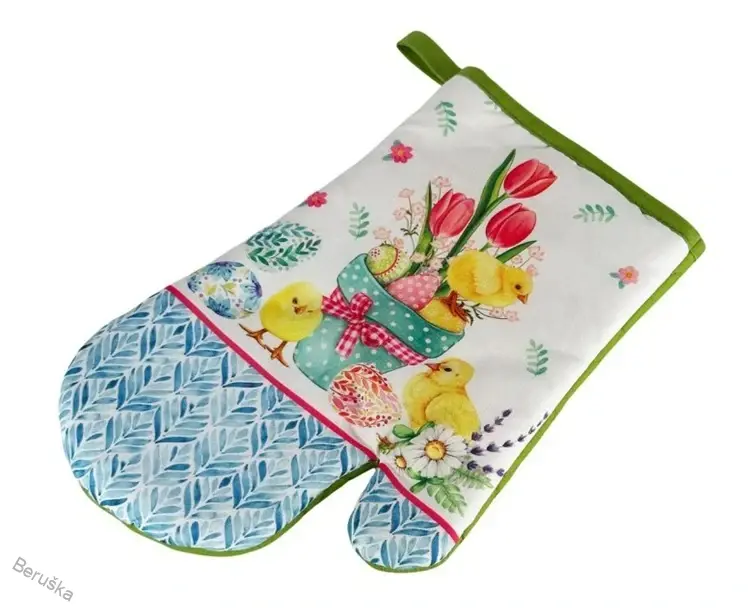 Sada 2 kuchyňských chňapek s magnetem EASTER CHICKS, bílo-zelená