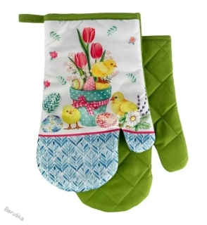 Sada 2 kuchyňských chňapek s magnetem EASTER CHICKS, bílo-zelená